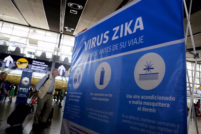 A banner is seen during an information campaign on Zika virus by the Chilean Hea