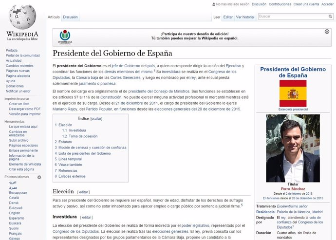 Pedro Sánchez, presidente del Gobierno en la Wikipedia 