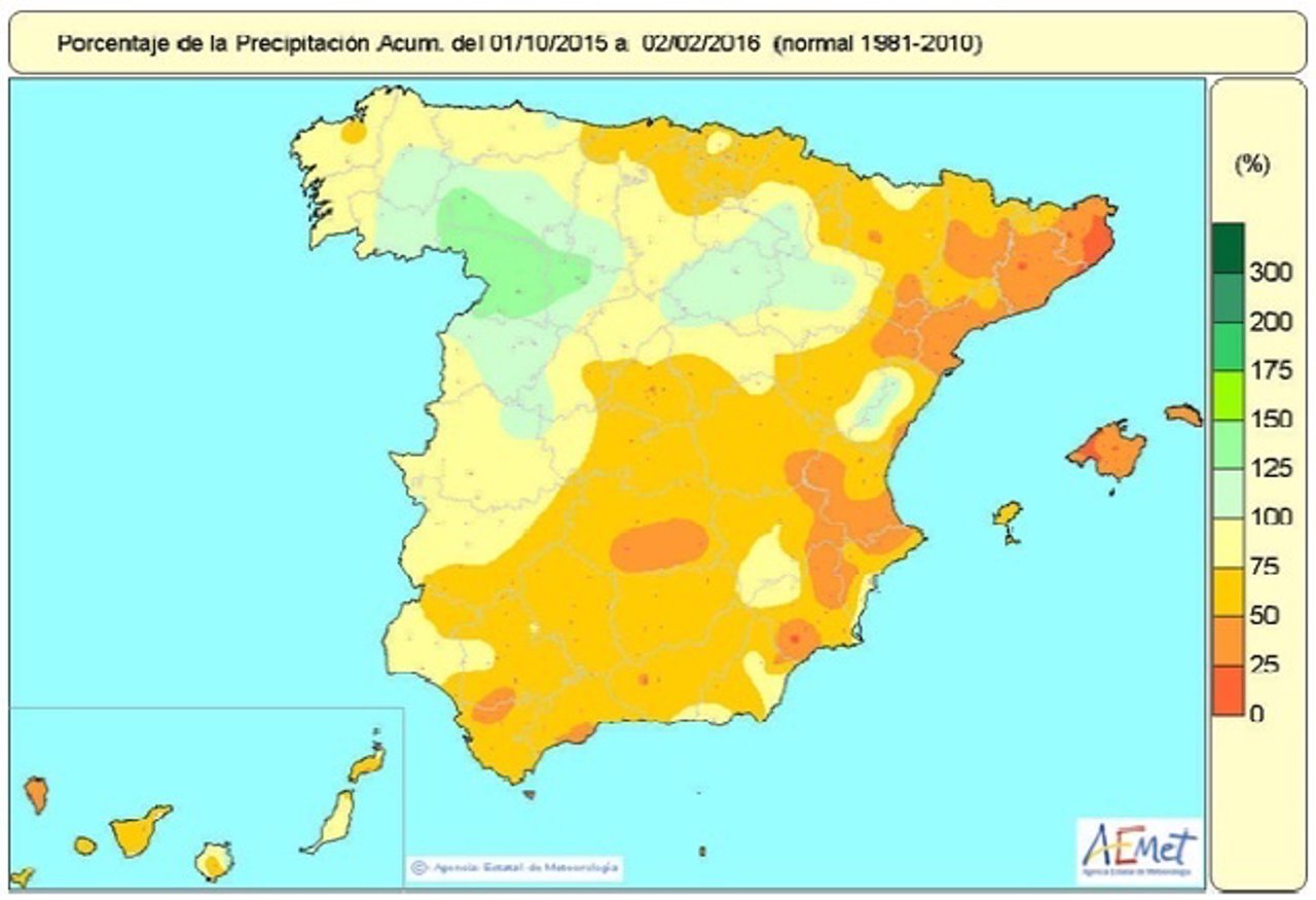 Mapa de lluvias acumuladas en España desde el 1 de ocutbre al 2 de febrero