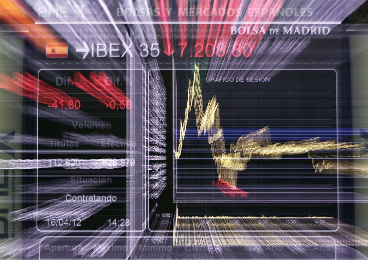 The Ibex 35 benchmark display is seen during trading at the Madrid bourse