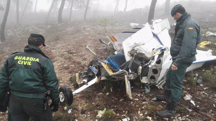 Dos agentes de la Guardia Civil observan la avioneta siniestrada.