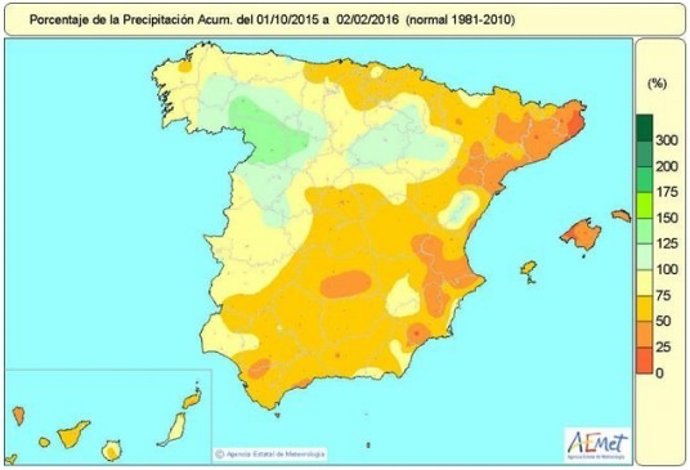 Distribución de las lluvias en España desde el 1 de octubre al 12 de febrero 