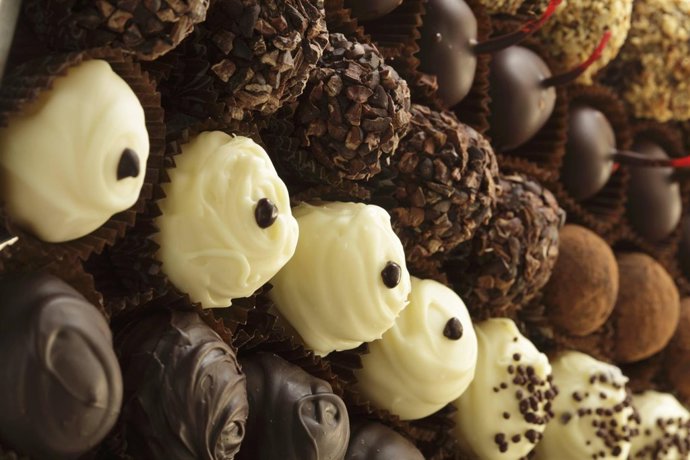 Assorted chocolates in rows