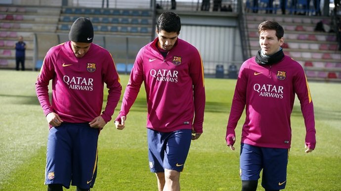 Leo Messi Neymar Luis Suárez entrenamiento Barcelona