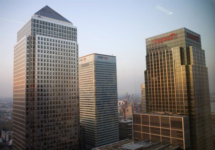 Three buildings in Canary Wharf financial district of London