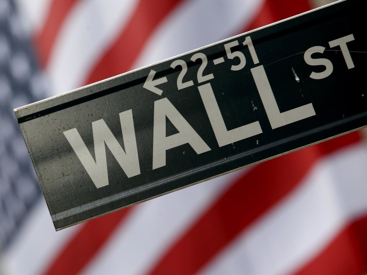A street sign is seen in front of the New York Stock Exchange on Wall Street in 