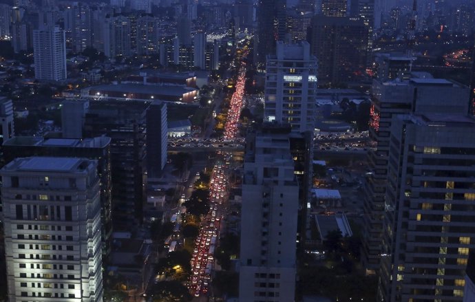 Vehicles move along a traffic jam during rush hour in Sao Paulo
