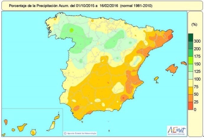 Distribución de las lluvias en España del 1 de octubre  al 16 de febrero de 2016
