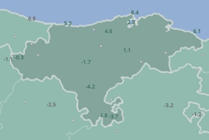 Temperaturas a las 5.00 horas del 20 de febrero en Cantabria