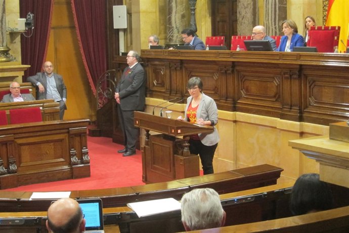 Mireia Boya (CUP) con una camiseta con la bandera occitana