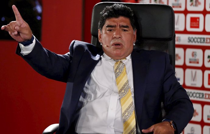 Argentina's former soccer player Diego Maradona speaks in the Soccerex Asian For