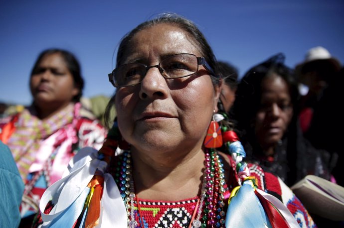 Indigenous women attend a Mass celebrated by Pope Francis (not pictured) in San 