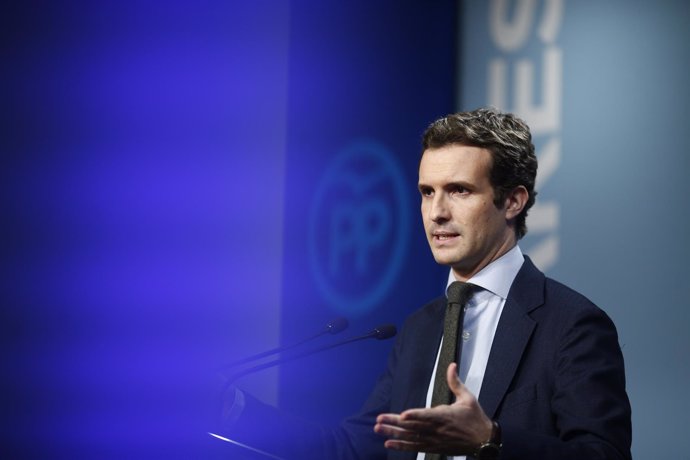 Pablo Casado en rueda de prensa en la sede del PP