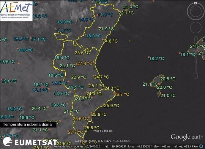 Temperaturas máxima en la Comunitat Valenciana este miércoles