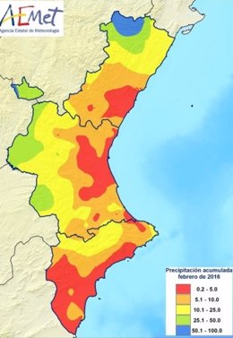 Lluvia acumulada en la Comunitat en febrero 