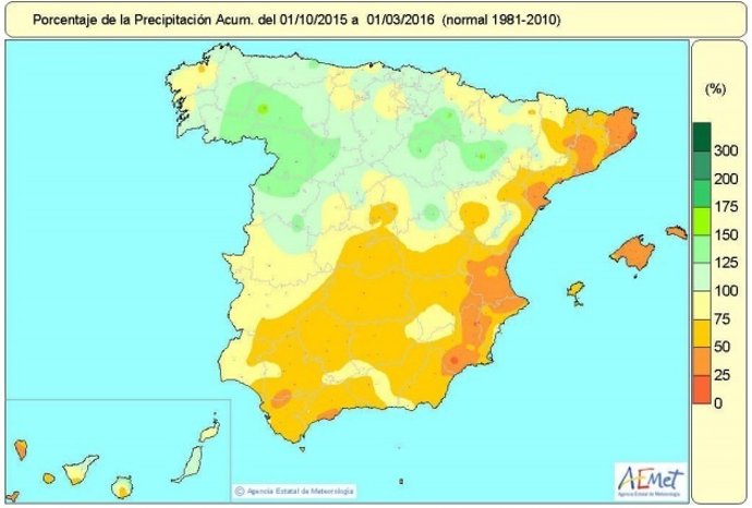Distribución de las lluvias acumuladas en España del 1 de octubre al 2 de marzo