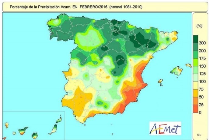 Febrero 2016 ha sido cálido y muy lluvioso. Llovió hasta el triple. 