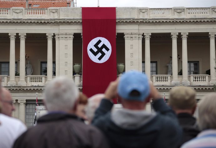 A Nazi swastika banner hangs on the facade of the Prefecture Palace in Nice whic