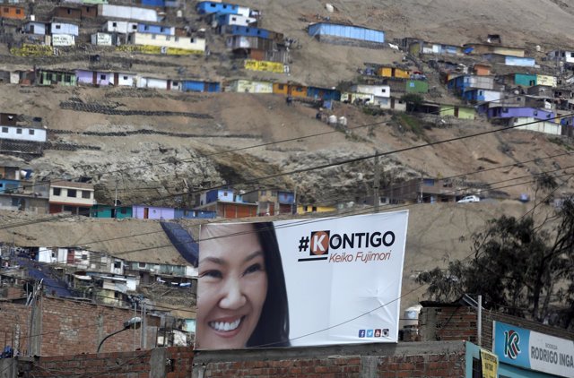 A campaign sign with a picture of Peruvian presidential candidate Keiko Fujimori