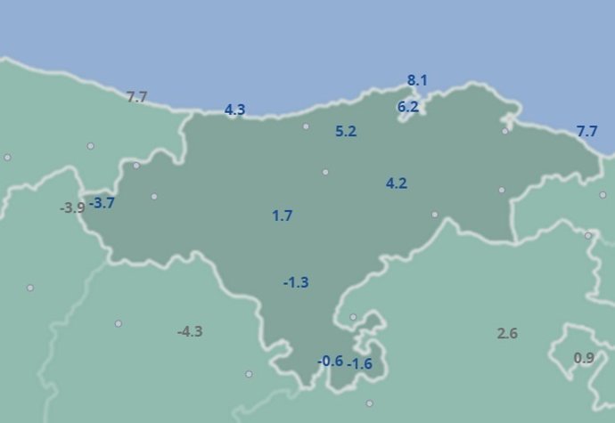 Temperaturas mínimas en Cantabria el 13 de marzo de 2016