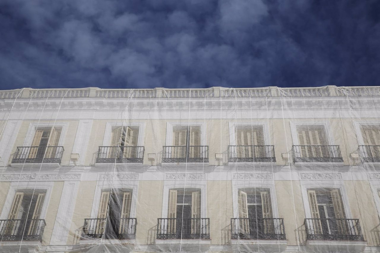 A building is under restoration at Puerta del Sol Square in central Madrid