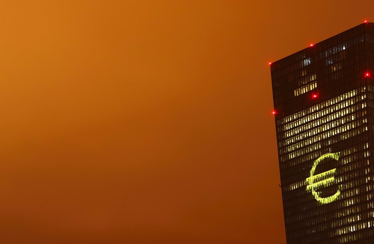 The head quarter of the European Central Bank (ECB) is illuminated with a giant 