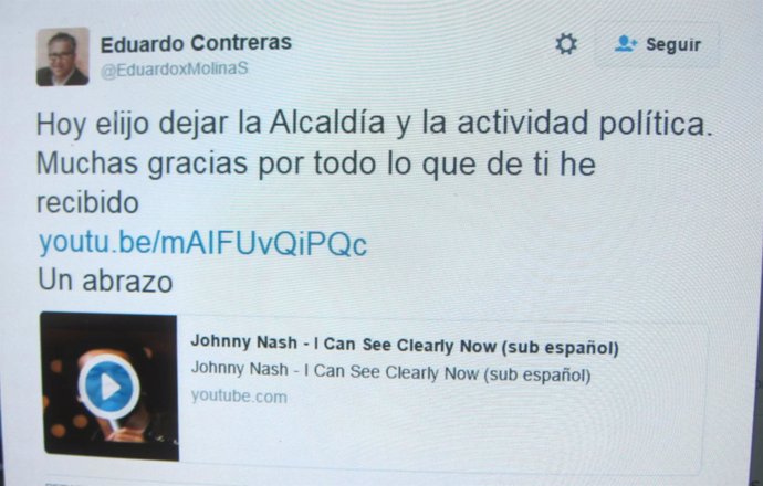 Tweet de Eduardo Contreras anunciando su retirada como alcalde de Molina