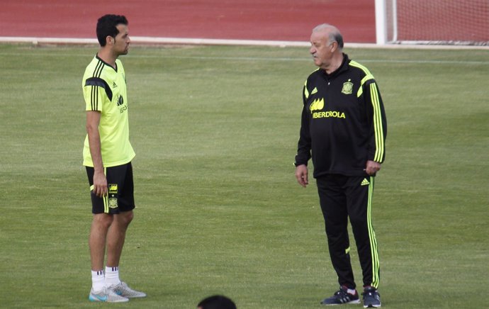 Busquets y Del Bosque en el entrenamiento de la Selección Española de fútbol 