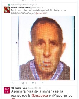 Captura del tweet de la Unidad Canina Grem con la imagen del desaparecido