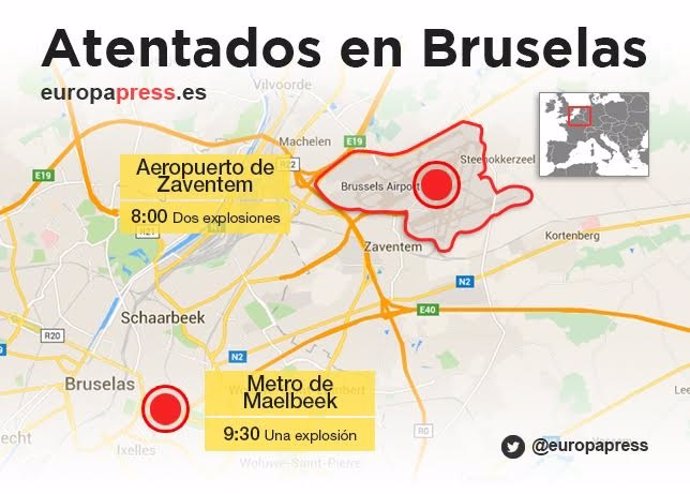 Mapa que muestra donde han tenido lugar las explosiones en Bruselas