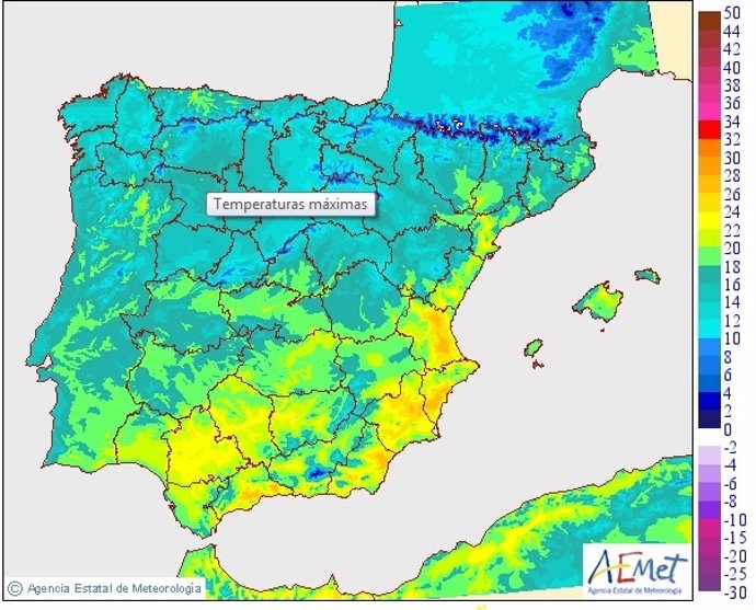 Mapa de temperaturas previstas para Viernes Santo 2016