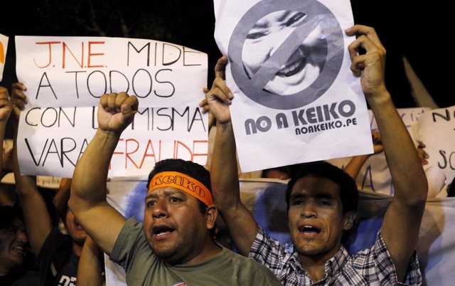 People protest against presidential candidate Keiko Fujimori in downtown Lima, P