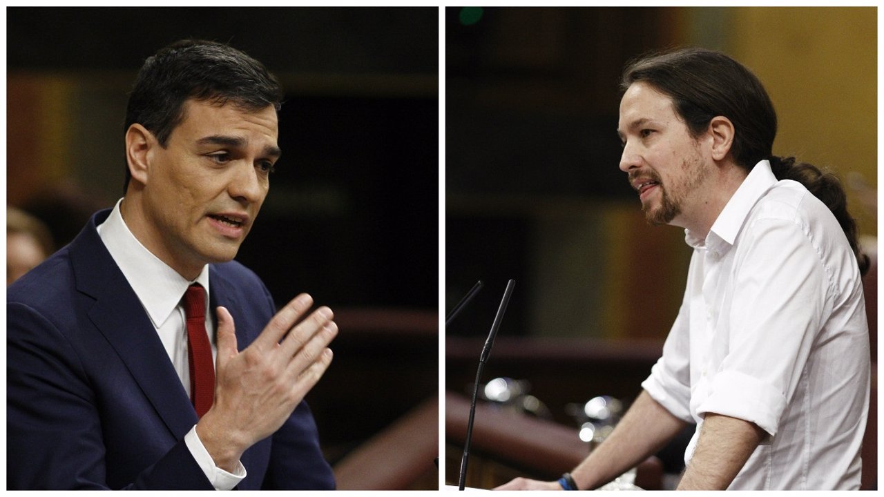 Pedro Sánchez y Pablo Iglesias en el discurso de investidura en el Congreso