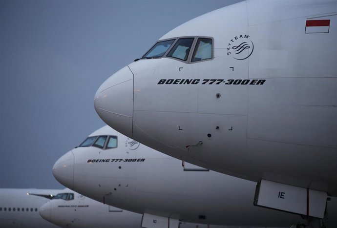 Boeing 777-300 ER of Garuda Indonesia airplanes are pictured at Hangar 2 of PT G
