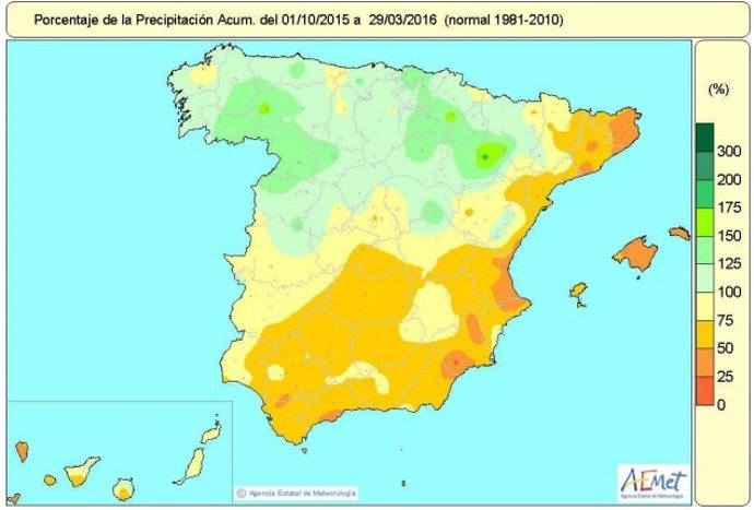 Distribución de las precipitaciones en España hasta el 29 de marzo de 2016