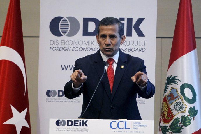Peruvian President Ollanta Humala talks during a business forum in Lima