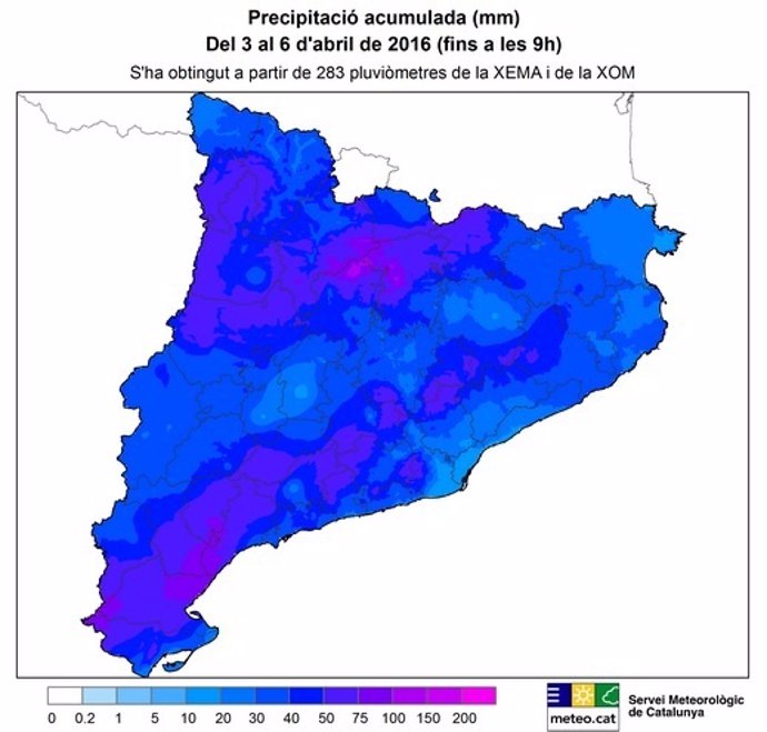 Lluvia acumulada entre el 3 y 6 de abril en Catalunya