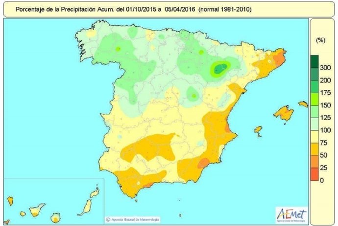Distribución de las precipiatciones en España hasta el 5 de abril de 2016