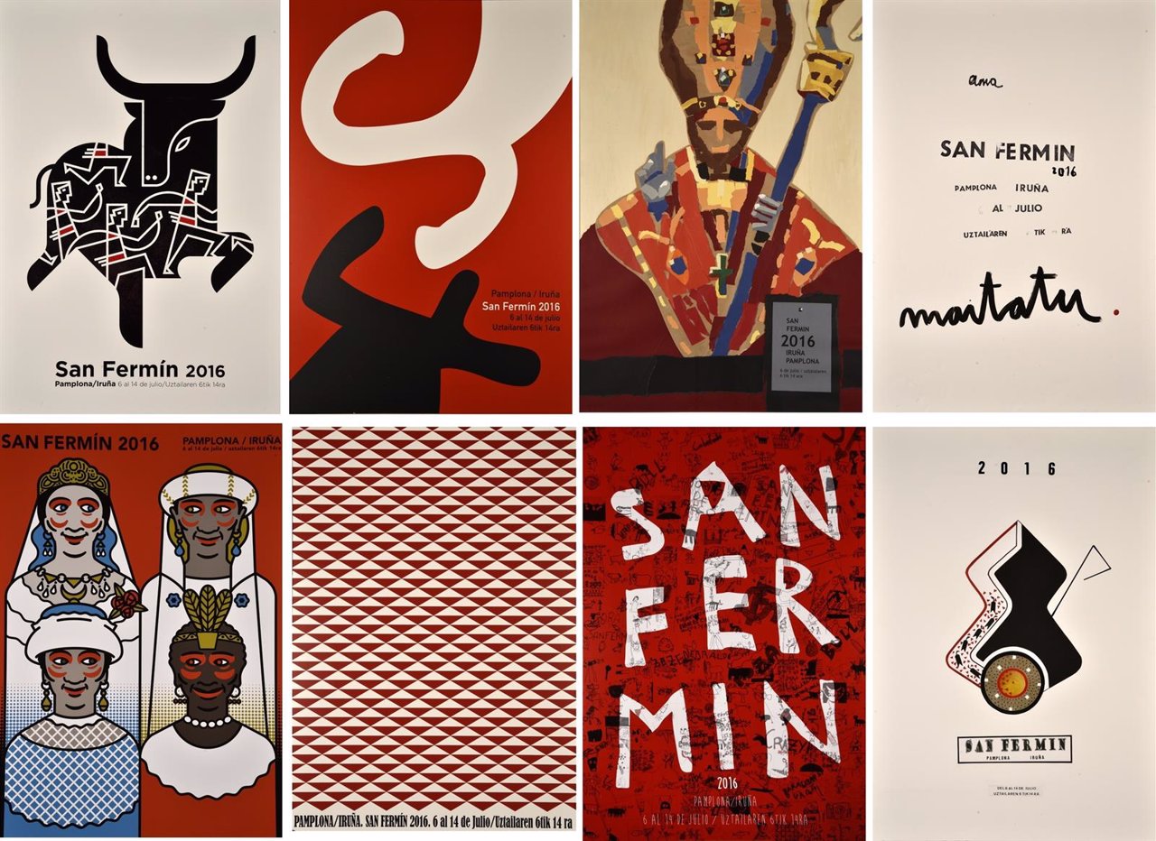 Los ocho carteles finalistas del concurso de Sanfermines 2016.
