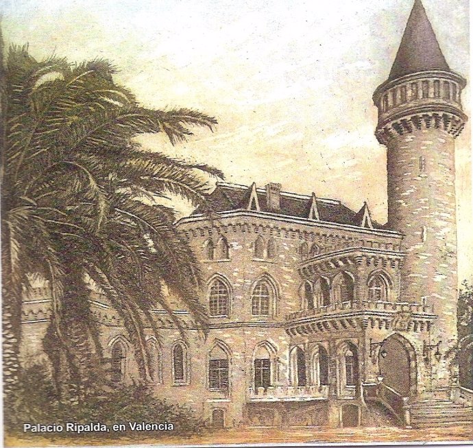 Grabado de Roberto Albero que representa el Palacio Ripalda de Valencia