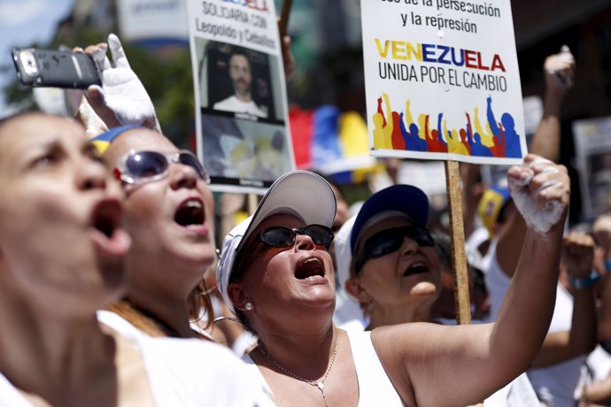 Opposition supporters shout during a rally against the government of Venezuela's