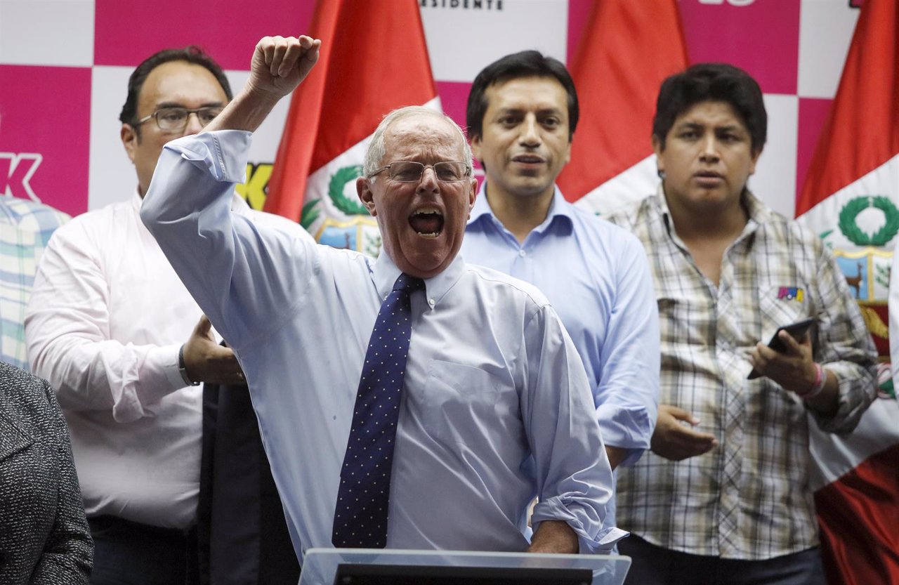 Peru's presidential candidate Pedro Pablo Kuczynski gives a speech to supporters