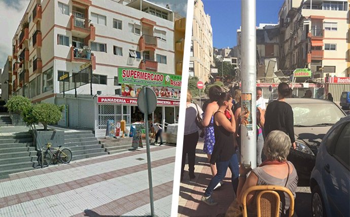 El antes y el después del edificio derrumbado en Los Cristianos, Tenerife