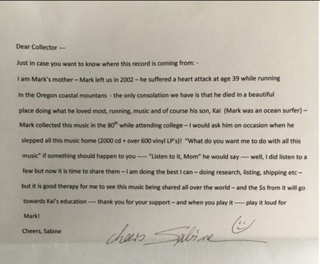 Carta emotiva de una madre en una colección de discos