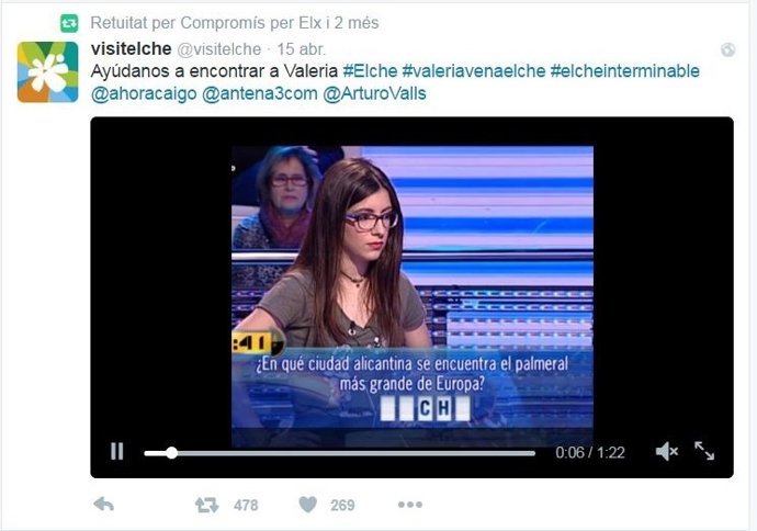VisitElche ha lanzado una campaña en Twitter para localizar a la concursante