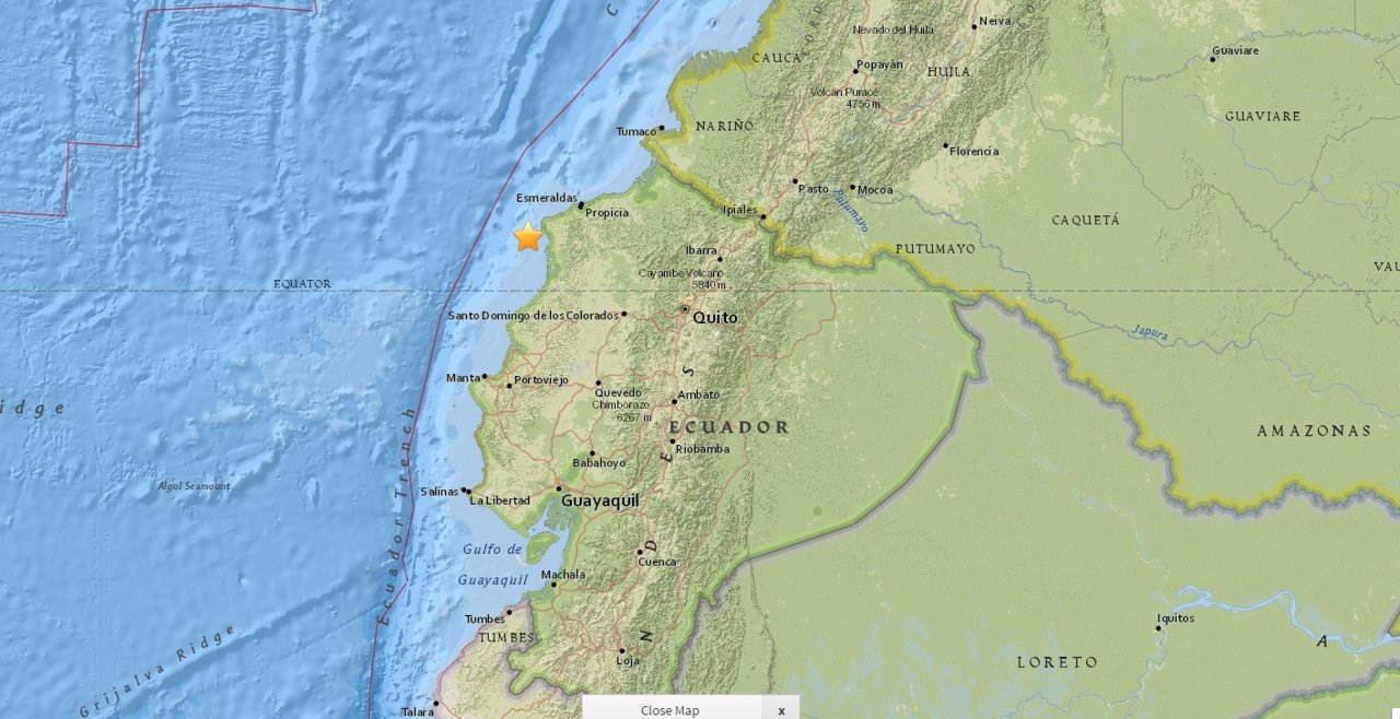 Lugar del terremoto de magnitud 6,1 frente a la costa de Ecuador