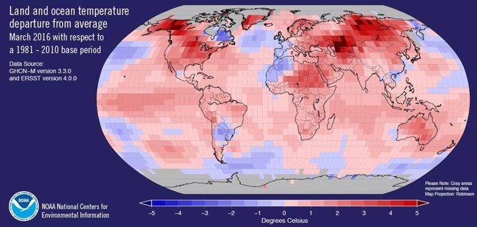 Temperaturas en marzo, En rojo son más cálidas de lo normal, en azul más frías