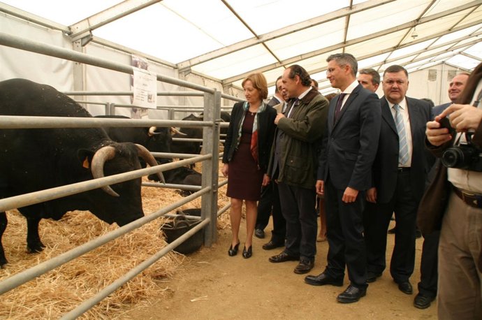 La consejera (izda.) en su visita a la exposición de ganado