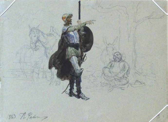 Ilya Repin Don Quijote y Sancho Panza (acuarela) Colección Museo Ruso