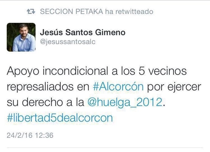 Imagen de uno de los mensajes en Twitter en los que se sustenta el PP